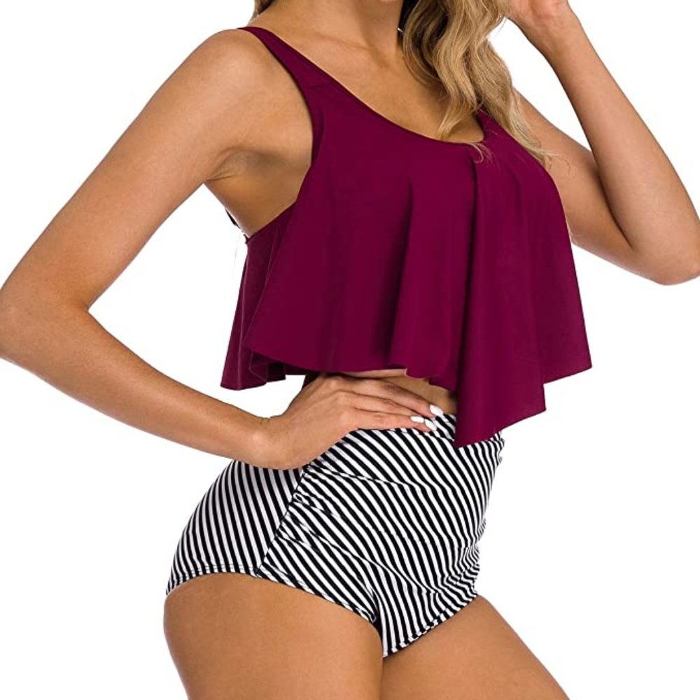 Women's High Neck Two Piece Bathing Suits Top Ruffled High Waist Swimsuit - Picture 2 of 5